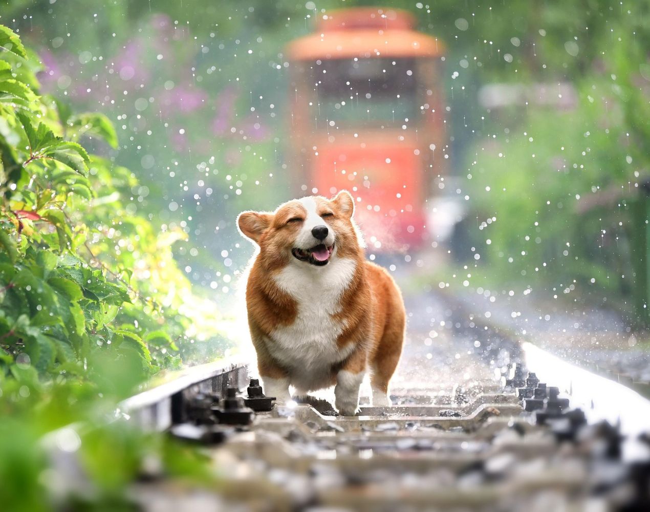 dog walking on the railway track